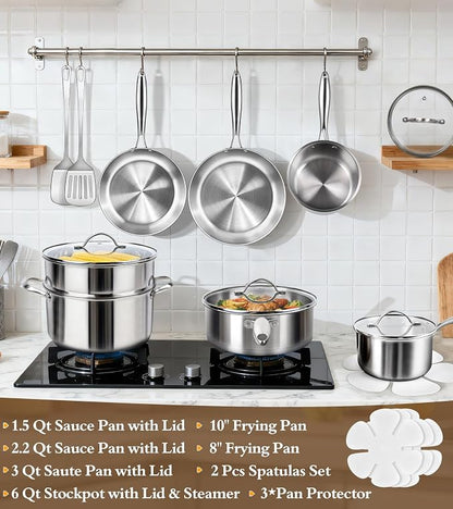 16-Piece Pots and Pans Set, Tri-Ply Stainless Steel Cookware Set - Image 2