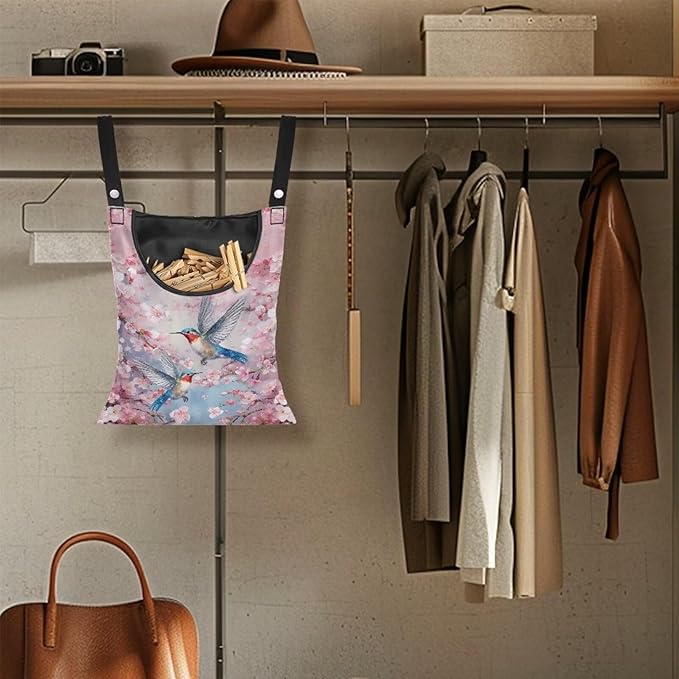Pin Bag, Hummingbird Print Clothes Pin Hanging Bag Clothespin Storage Organizer with Large Opening Storage Organizer Space-Saving Laundry Hanging Bag