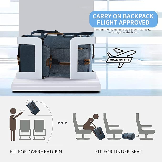 G-FAVOR 40L Travel Backpack, Vintage Canvas Rucksack Convertible Duffel Bag Carry On Backpack Fit for 17.3 Inch Laptop Bag, Blue