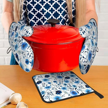 Blue Floral Oven Mitts and Pot Holders Sets of 3, Heat Resistant Cute - Image 2