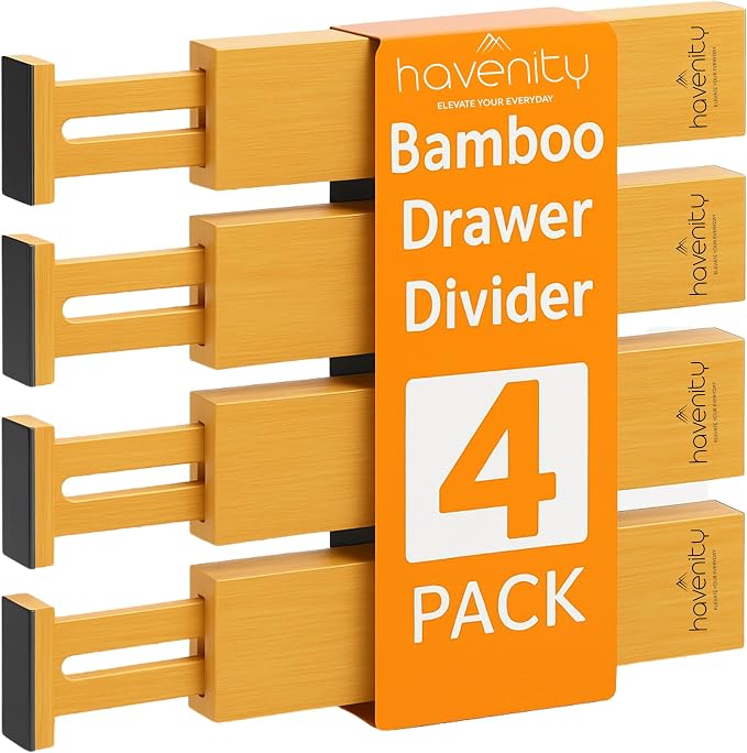 4 Pcs Bamboo Kitchen Drawer Dividers Large 14"-19", Spring Loaded, Works in by Havenity