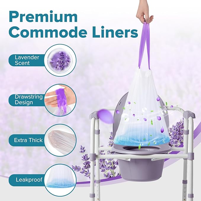 Maliton 120 Commode Liners with Absorbent Pads, Portable Toilet Bags for Bedside Commode Toilet, Lavender Scent Leakproof Bags Fit Most Commode Chairs and Potties (120 Potty Bags+120 Potty Liners)