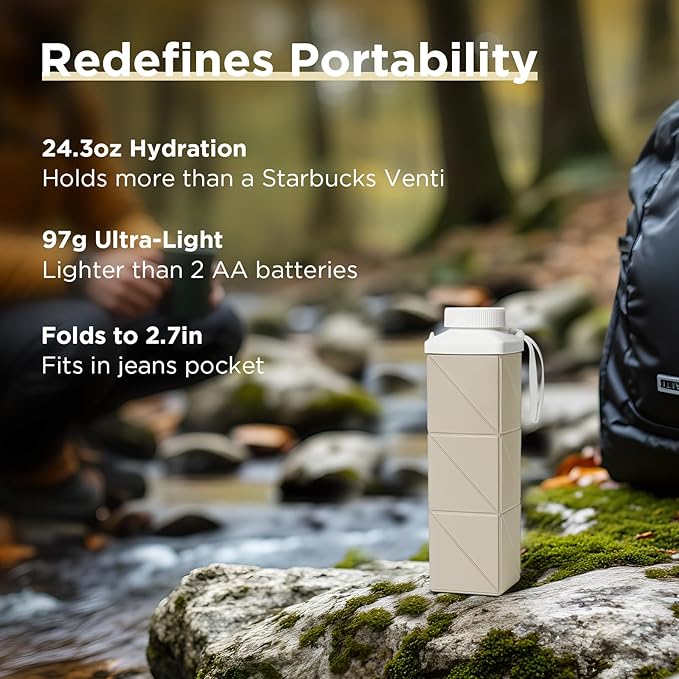 POMKAKA Collapsible Water Bottles 24.3oz(720ml), 2nd Generation Leakproof BPA-Free Travel Water Bottle,Lightweight Reusable Water bottle for Cycling Gym Camping Sports,Champagne White