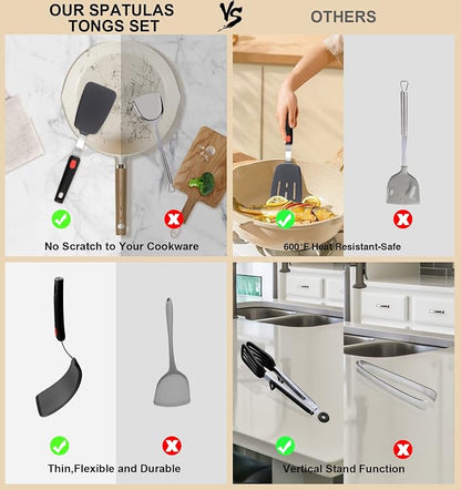 4PCS Flexible Silicone Spatula Turner Set and Kitchen Food Tongs - Image 6