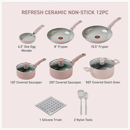 T-Fal Refresh Ceramic Nonstick Cookware Set, 12-Piece Ceramic Pots and Pans Set - Image 2