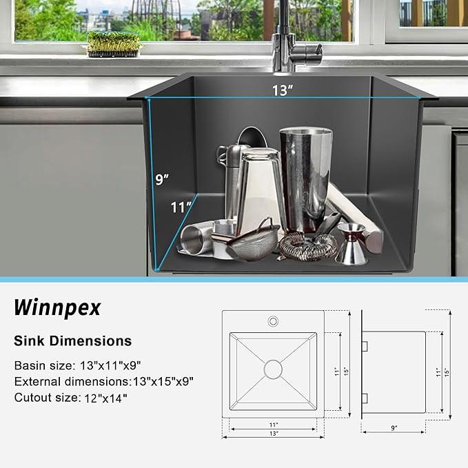 13 x 15 inch Drop in Bar Sink Black, Small Topmount Kitchen Sink Single Bowl 18 Gauge Handmade Wet Bar Sink with Drain