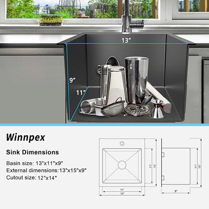 13 x 15 inch Drop in Bar Sink Black, Small Topmount Kitchen Sink Single Bowl 18 Gauge Handmade Wet Bar Sink with Drain
