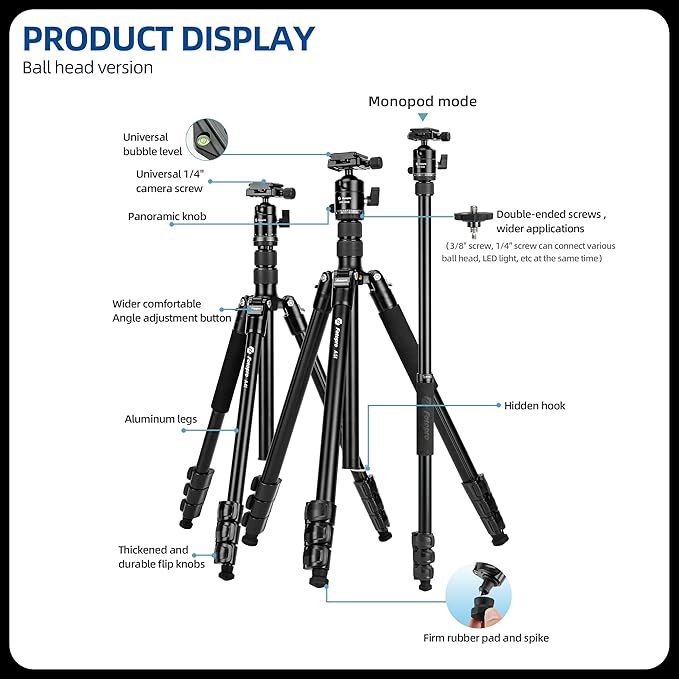 Fotopro 73" Camera Tripod, Aluminum Compact Travel Tripod and Monopod with 360° Ball Head Quick Release Plate, Professional Camera Tripod for DSLR, A4I A5I (Blue, 73 Inch)