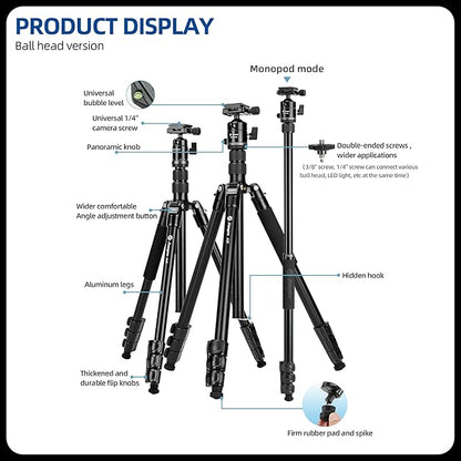 Fotopro 73" Camera Tripod, Aluminum Compact Travel Tripod and Monopod with 360° Ball Head Quick Release Plate, Professional Camera Tripod for DSLR, A4I A5I (Blue, 80 Inch)