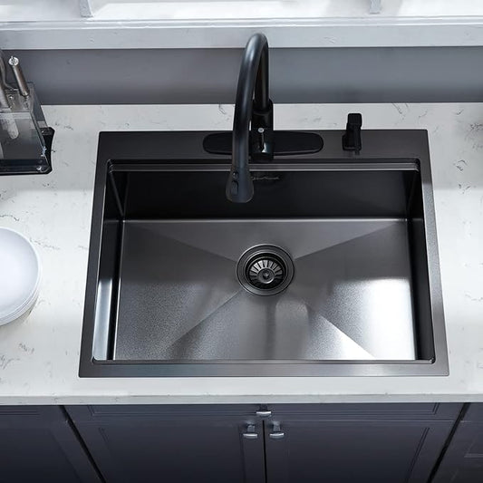 25 Kitchen Sink Drop-In Workstation, 25 x 22 Inch Gunmetal Black Stainless Steel Workstation Sink Topmount Single Bowl with Cutting Board,for Kitchen, Laundry, Utility Room