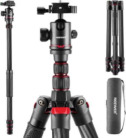 NEEWER Upgraded 80.7" Carbon Fiber Camera Tripod Monopod with Telescopic 2 Section Center Axes, 360° Panorama Ballhead, 1/4" Arca Type QR Plate, Travel Tripod with ø28mm Column, Max Load 26.5lb, N55CR