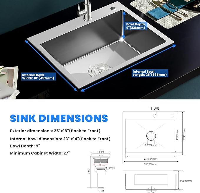 POPFLY 25×18 Inch Drop in Kitchen Sink, 18 Guage Stainless Steel 9 Inch Deep Sink, 25 Inch Top mount Kitchen Single Bowl 2 Holes Sink, Brushed Nickel