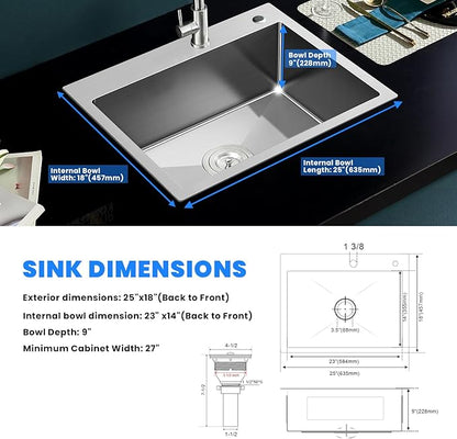 POPFLY 25×18 Inch Drop in Kitchen Sink, 18 Guage Stainless Steel 9 Inch Deep Sink, 25 Inch Top mount Kitchen Single Bowl 2 Holes Sink, Brushed Nickel
