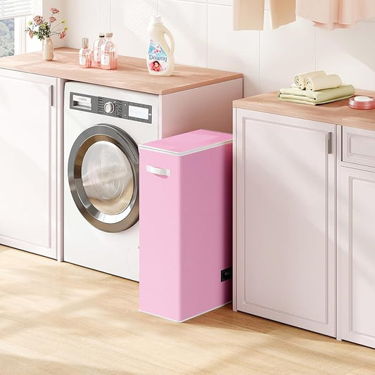 SOLEDI Slim Laundry Hamper with Lid, Narrow Laundry Basket with Removable Bags, Dirty Clothes Hamper with handle, Small Hamper perfect for Laundry room, Bathroom, Bedroom, Small spaces. 70L Pink
