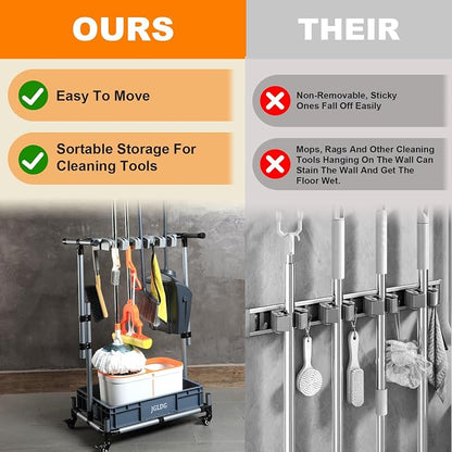 Freestanding Mobile Cleaning Tool Storage Rack, Mop and Broom Holder - Image 5