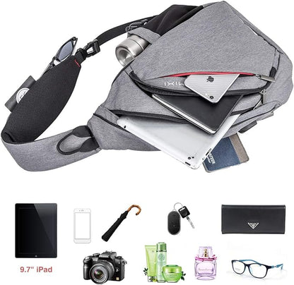 mixi Sling Bag Men Backpack Unisex One Shoulder Bag Hiking Travel Backpack Crossbody with USB Port for Men Women Versatile Casual Daypack-17 inch,Gery