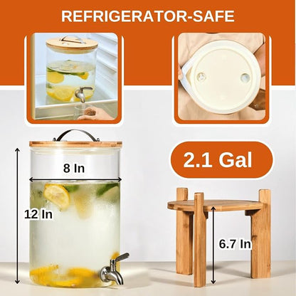 Glass Beverage Dispenser with Bamboo Stand and Lid, Iced 2.1 Gallon Drink - Image 3