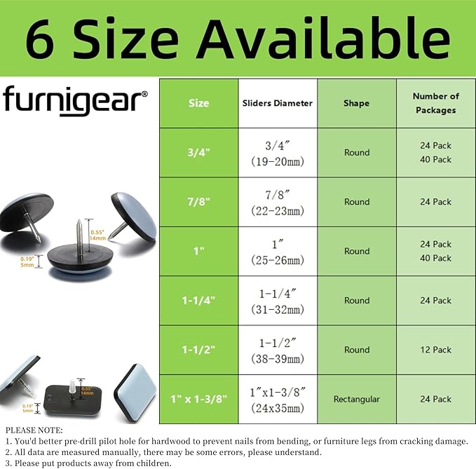 3/4“ Nail on Furniture Sliders (24 Pack) - Furnigear Heavy Duty PTFE (Teflon) Chair Leg Slider Glide Wooden Furniture Movers Move Your Furniture Easily & Safety - Best Floor Protector