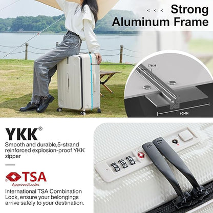 Hanke Multifunctional 26 Inch Checked Luggage Hard Shell Suitcases with Wheels Travel Trunk Style Luggage Large Rolling Suitcase for Women Men(Ivory White)