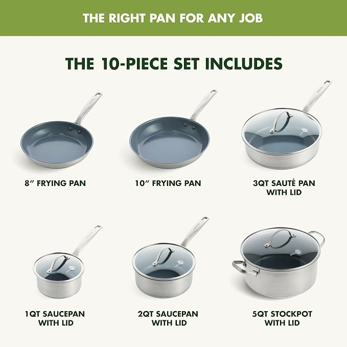 GreenPan Treviso 10 Piece Cookware Set, Non-Toxic PFAS-Free Stainless Steel - Image 3