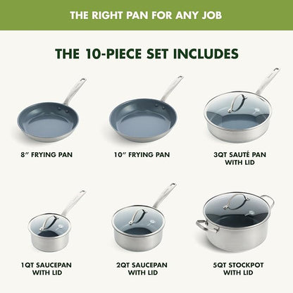 GreenPan Treviso 10 Piece Cookware Set, Non-Toxic PFAS-Free Stainless Steel - Image 3
