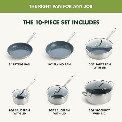 GreenPan Treviso 10 Piece Cookware Set, Non-Toxic PFAS-Free Stainless Steel - Image 6