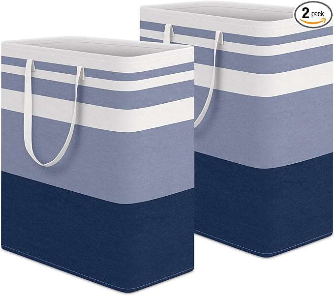 HomeHacks 2-Pack Large Laundry Basket, Waterproof, Freestanding Laundry Hamper, Collapsible Tall Clothes Hamper with Extended Handles for Clothes Toys in the Dorm and Family (Blue, 100L)