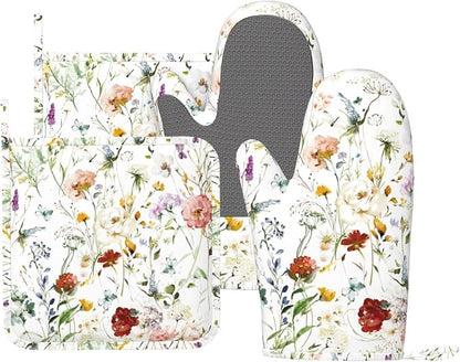 Wildflower Flower Oven Mitts and Pot Holders Set of 4 Silicone Boho Butterfly by BOKEKANG