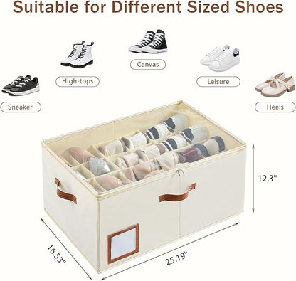 Shoe Organizer for Closet Fit 24 Pairs, Large Foldable Shoe Storage Containers Box Bin w/Adjustable Dividers and Clear Cover, Space Saving Shoe Storage Organizer Box, Beige