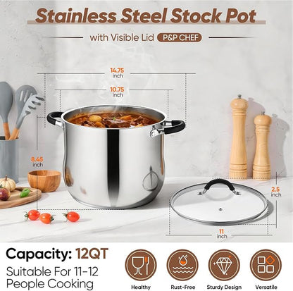 P&P CHEF Stainless Steel Stock Pot, 12 Qt Cooking Soup Pot - Image 2
