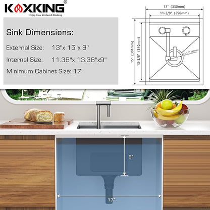 RV Sink 13x15x9, Compact Workstation Bar Sink with Foldable Faucet, Cutting Board & Stainless Steel Grid, Undermount Single Bowl Camper Sink