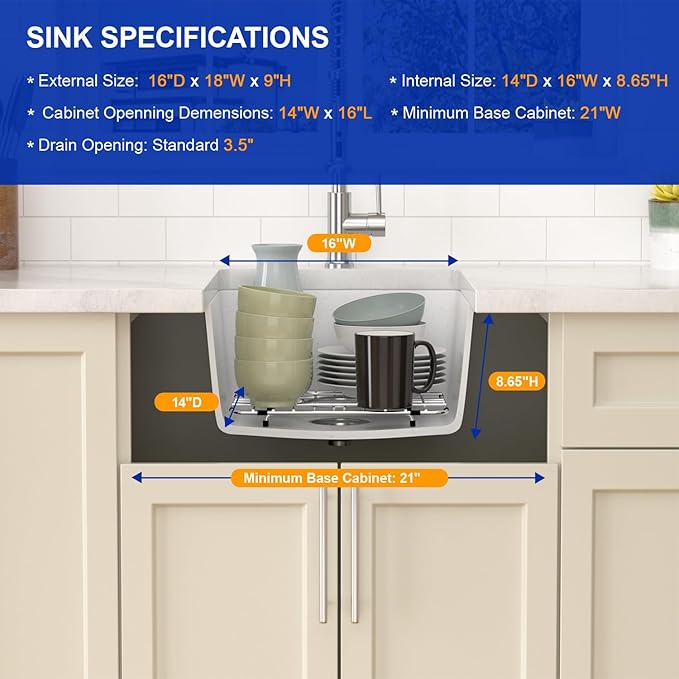 Dcolora 18 Inch Undermount Small Bar Sink Single Bowl Kitchen Sink White Granite Composite Wet Bar Sinks 18"W×16"D×9"H,DC-GUW002