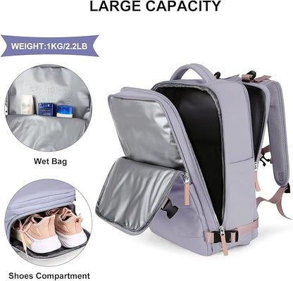 coowoz Large Travel Backpack For Women Men,Carry On Backpack Flight Approved,Hiking Backpack Waterproof Outdoor Sports Rucksack Casual Daypack Fit 15.6 Inch Laptop Shoes Compartment (Light Purple)