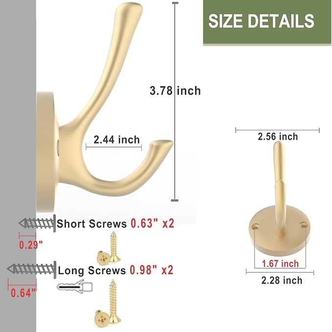 Gold Wall Hooks, 6 Pack Coat Robe Hook Heavy Duty Metal Double Bath Hook Wall - Image 7