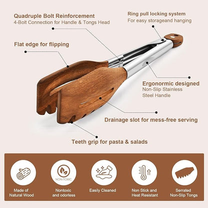 2 Pack 3-in-1 Wooden Tongs for Cooking Natural Walnut Wood kitchen Tongs - Image 4