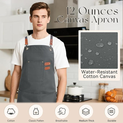 Chef Aprons for Men Women with Large Pockets, Cotton Canvas Water Repellent - Image 6