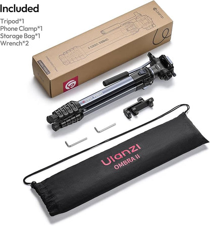 ULANZI Ombra Video Ⅱ Camera Tripod with Fluid Head, 61.5" Travel Tripod with 360° Rotated Arca Quick Release Plate, Portable Stand for Phone Camera Vlogging Video Shooting with Carry Bag Phone Clamp