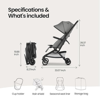 Mompush Velo Lightweight Travel Stroller – One-Hand Fold, Ultra-Compact & Airplane Friendly, Lie-Flat Recline Seat (from Birth to 50 lbs), Includes Cup Holder, Shoulder Strap, and Leather Bumper Bar