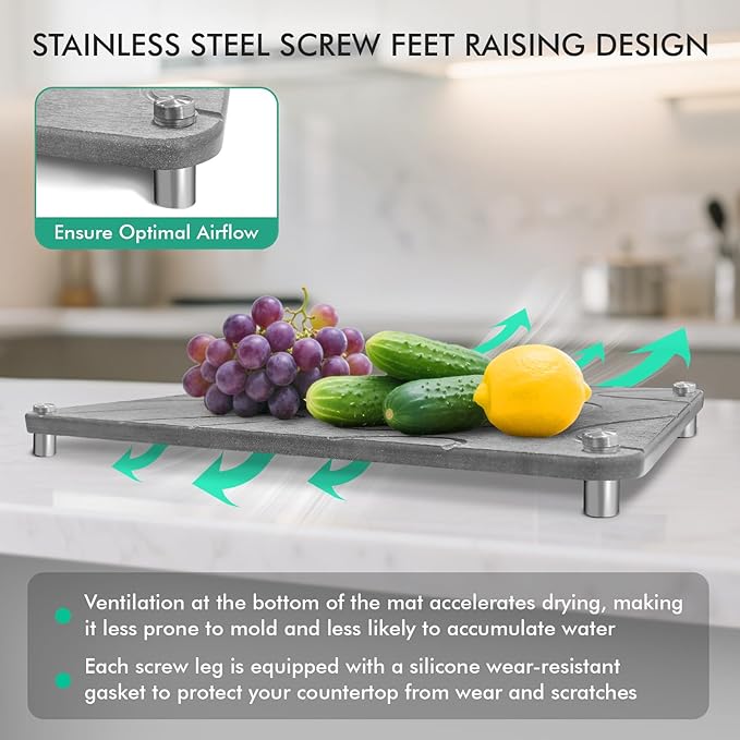 Stone Drying Mat For Kitchen Counter Superb Absorbent Diatomaceous Earth Mats with Non-Slip Feet Quick Dry Stone Dish Drying Pad Dish Pad Multi-Purpose(Flow Line-MediumGray, 15.7" x 11.8")