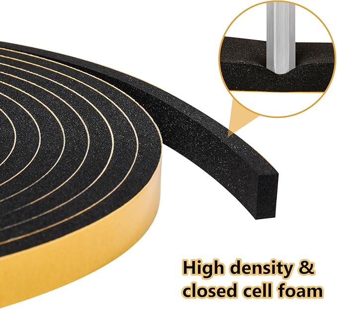 Weather Stripping Seal (1 Inch X 1/2 Inch) for Door Window, 10Feet High Density Foam Tape, Soundproofing, Insulation Strip, Door Sealers for Door Frame- Black