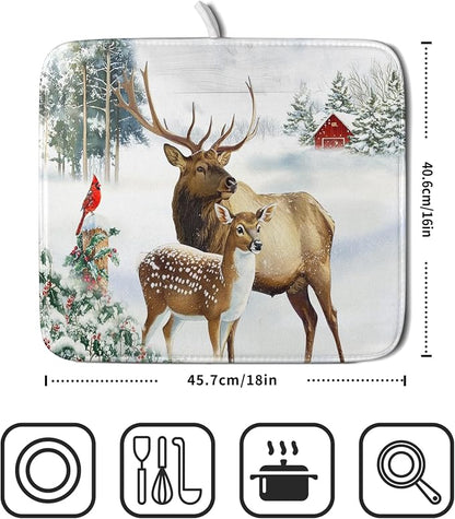 Giwawa Winter Deer Dish Drying Mat 16"x18" Xmas Tree Bird Holly Berry Dish - Image 2