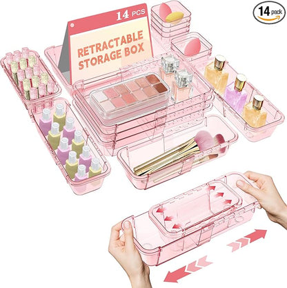 14 Pcs Clear Drawer Organizer, Adjustable Drawer Storage Box, 3-Size Desk by Hiitytin