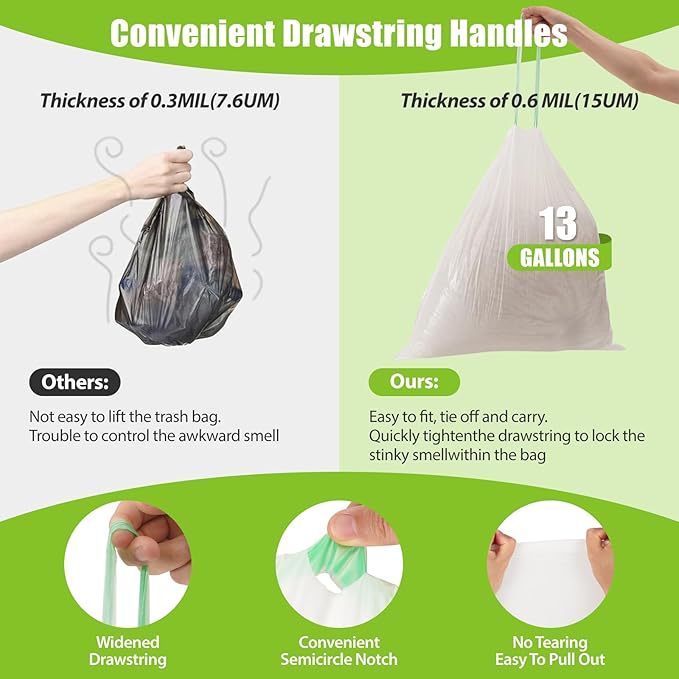 Large Trash Bag 13 Gallon Tall Drawstring 100% Post-Consumer Recycled Garbage - Image 2