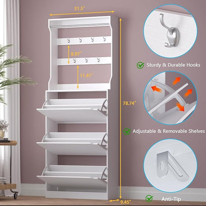 Shoe Cabinet with 3 Flip Drawers & Coat Rack, Narrow Hidden Shoe Storage Cabinet - Image 2