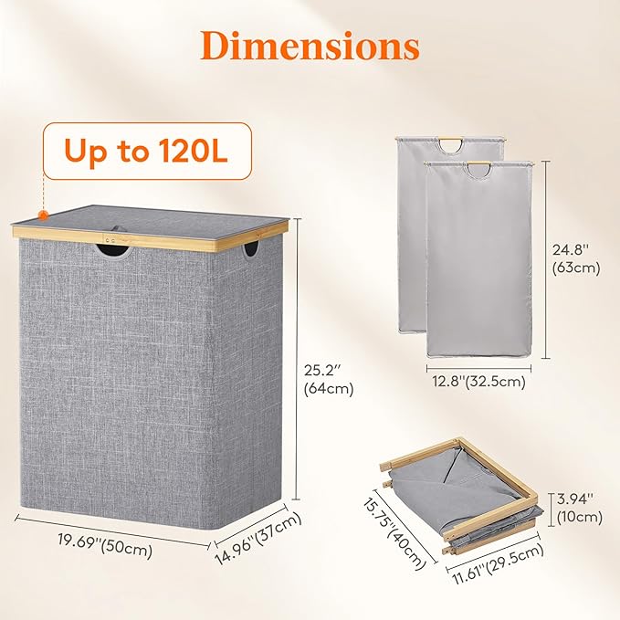 Lifewit 120L Double Laundry Hamper with Lid, Extra Large Bamboo Laundry Basket Dirty Clothes Hamper, 2 Section Laundry Bin Organizer for Laundry Room Bedroom with 2 Removable Liners & Bags,Light Gray