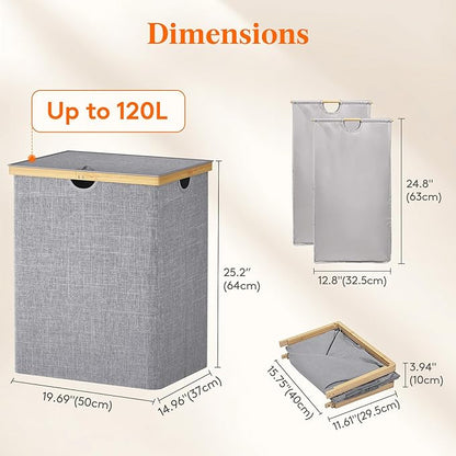 Lifewit 120L Double Laundry Hamper with Lid, Extra Large Bamboo Laundry Basket Dirty Clothes Hamper, 2 Section Laundry Bin Organizer for Laundry Room Bedroom with 2 Removable Liners & Bags,Light Gray