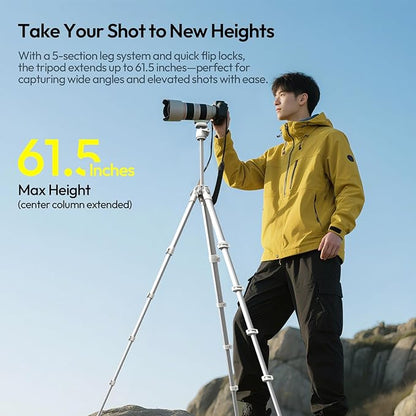 ULANZI Ombra Ⅱ Camera Travel Tripod White, 61.5" Aluminum Tripod Foldable with UKA Quick Release Plate for Phone Sony Canon, Video Shooting Vlogging Portable Stand w Phone Clamp Holder Carry Bag
