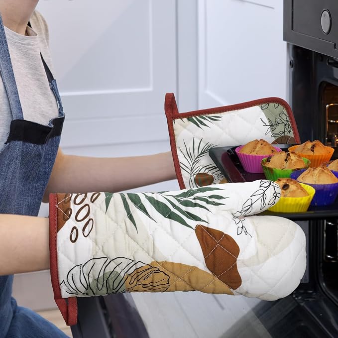 Boho Leaf Oven Mitts and Pot Holders Sets 2Pcs, 100% Cotton Heat Resistant - Image 6