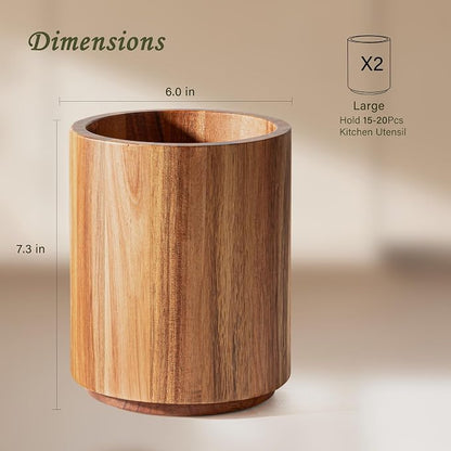 Criusia Utensil Holder 2 Pack, 360° Rotating Acacia Wood Cooking Utensil Crocks - Image 2