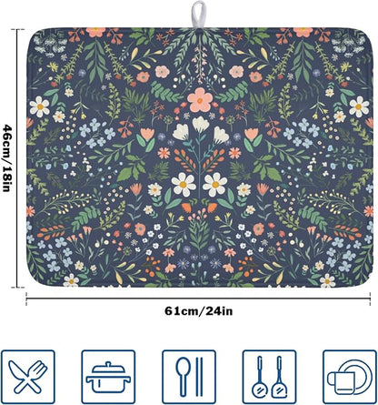 Floral Dish Drying Mat for Kitchen Counter Rustic Flower Leaves Print - Image 2